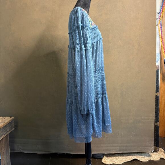 Maeve Anthropologie Blue Sheer Swiss Dot Embroidered Floral Dress XL Boho - Picture 4 of 10